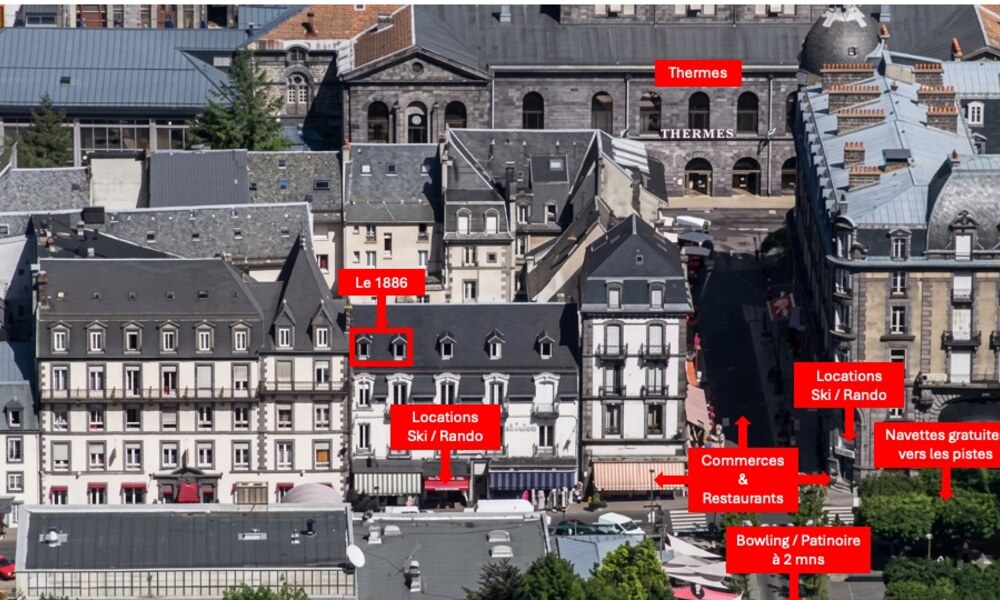 Plan du quartier du Mont-Dore situant l'appartement Le 1886 près des Thermes, commerces et navettes ski