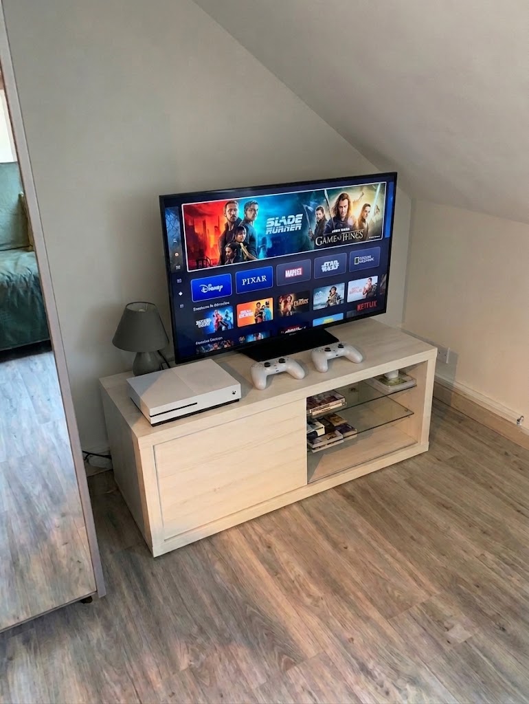 Télévision et espace multimédia de l'appartement Le 1886, sous les combles